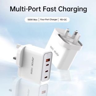 شاحن 100 واط بمنفذ USB-A و3 منافذ USB-C من Aspor