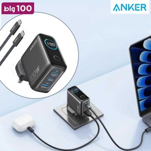 شاحن حائط GaN قوة 100 واط مع 3 منافذ وشاشة ذكية من Anker