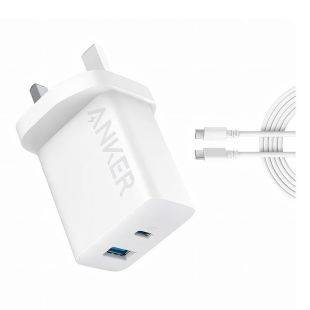 شاحن حائط منافذ مزدوجة قوة 20 واط مع كيبل USB-C من Anker 