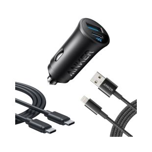 شاحن سيارة مع منفذ Type-C ومنفذ USB-A بقوة 30واط مع كيبل Type-c و Lightning من Anker