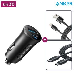 شاحن سيارة مع منفذ Type-C ومنفذ USB-A بقوة 30واط مع كيبل Type-c و Lightning من Anker