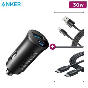 30W Car Charger with 1 USB-C and 1 USB-A Ports + Type-C Cable and Lightning Cable by Anker