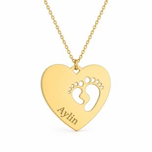 Custom Baby Name Keepsake Pendant Tag Modern Necklace - English or Arabic - Heart Baby Foot (Gold Color)