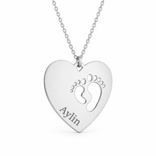 Custom Baby Name Keepsake Pendant Tag Modern Necklace - English or Arabic - Heart Baby Foot (Silver Color)