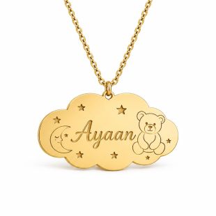 Custom Baby Name Keepsake Pendant Tag Modern Necklace - English or Arabic - Cloud (Gold Color)