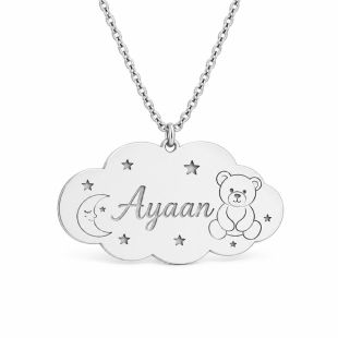Custom Baby Name Keepsake Pendant Tag Modern Necklace - English or Arabic - Cloud (Silver Color)