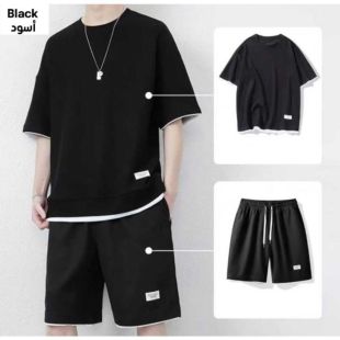 طقم شورت رياضي سادة بأكمام قصيرة قطعتان للرجال- أسود - مقاس XXL