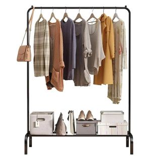 علاقة ملابس ومعاطف معدنية مع عمود علوي ورف تخزين سفلي