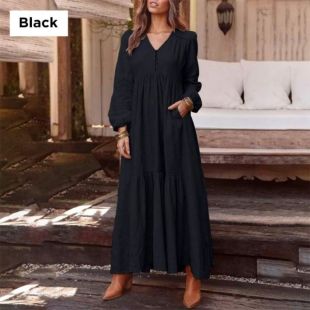 فستان طويل سادة برقبة على شكل حرف V وأكمام طويلة- أسود - مقاس XXL