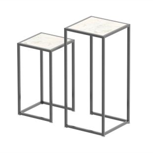 طقم 2 طاولة جانبية مربعة من الرخام مع إطار فولاذي