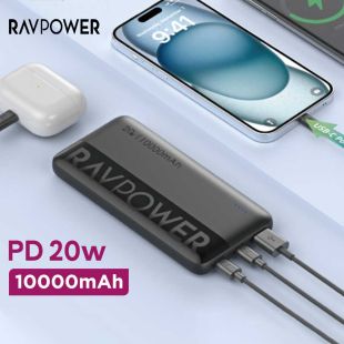 10000mAh PD Fast Charging Power Bank 20W with USB-A and 2 USB-C Ports by RAVPower (New Product / Open Box) 
