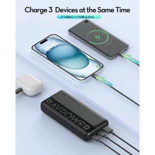 20000mAh PD Fast Charging Power Bank 20W with USB-A and 2 USB-C Ports by RAVPower