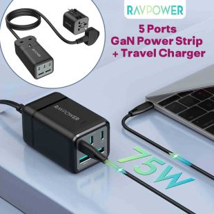 5 Port GaN Power Strip 75W + Travel Charger by Ravpower