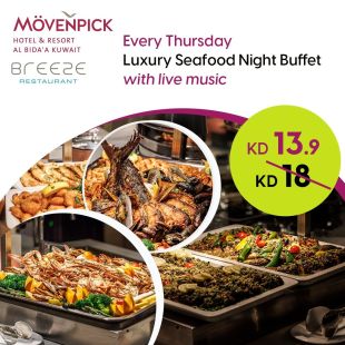 Enjoy a Delicious Seafood Dinner Buffet Every Thursday With Live Music at -Movenpick Hotel & Resort Al Bida&rsquo;a Kuwait
