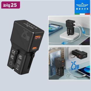 شاحن سفر 25 واط مع منفذين USB-A و USB-C للشحن السريع من Brave