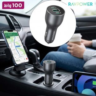 شاحن سيارة مع منفذ USB و 2 منفذ Type-C بقوة 100 واط من RAVPower
