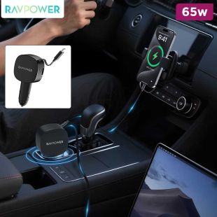 60W Car Charger with USB-A, USB-C, and Retractable USB-C Cable by RAVPower