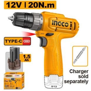 مثقاب لاسلكي 12 فولت بعزم 20 نيوتن متر وشحن Type-C من INGCO