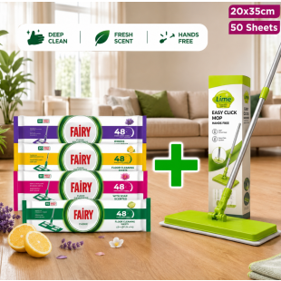 مجموعة ممسحة Easy Click من Lime مع مناديل تنظيف الأرضيات 20 &times; 35 سم (50 منديل) من Fairy