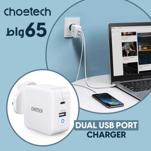 شاحن حائط 65 واط 2 منفذ USB - أبيض من Choetech