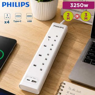 4 Sockets Power Extension with 1 USB and 1 Type-C Ports 3250W (2 or 3m) by Philips