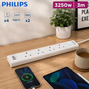 4 Sockets Power Extension with 2 USB and 1 Type-C PD Ports 3250W 3m by Philips
