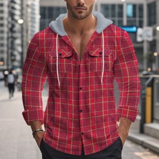 Classic Plaid Crew Neck Hooded Shirt For Men