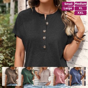 Plain Summer Short Sleeve Button Down Blouse For Women