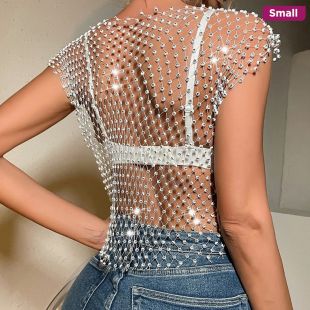 Diamond Studded Sleeveless Mesh Blouse For Women