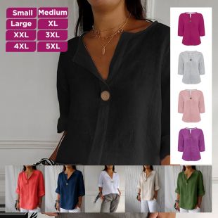 Loose V-Neck Button-Down Linen Blouse For Women