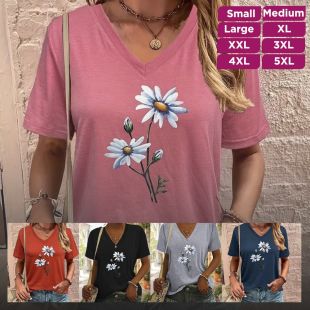 Floral 3D V-Neck Short Sleeve T-Shirt For Women