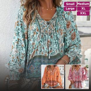 Bohemian Style Long Sleeve Tie Blouse For Women