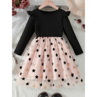 Girls' Long Sleeve Dress with Stylish Stars