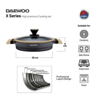Daewoo 28cm Shallow Granite Casserole with Lid Black & Brown