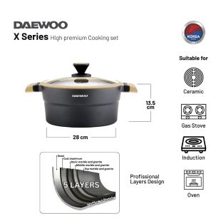 Daewoo Granite Casserole Pot 28cm with Lid Black & Brown