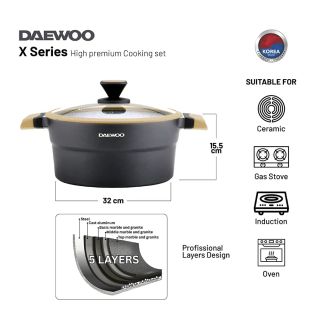 Daewoo Granite Casserole Pot 32cm with Lid Black & Brown