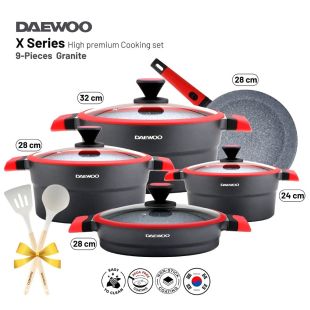 Daewoo X Series Red 9Pcs Granite Cooking Set with 2 Free Kitchen Utensils