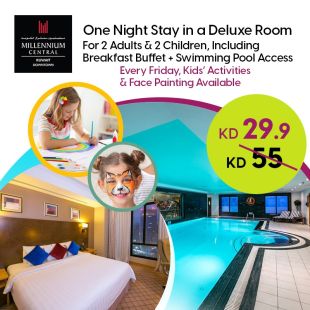 Enjoy 1 Night Stay in a Deluxe Room for 2 Persons & 2 Kids Including Breakfast + Pool Entrance at Millennium Central - Kuwait City