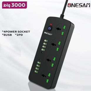 وصلة وصلة اشتراك كهربائي عالمية بقوة 3000 واط مع 4 منافذ و8 منافذ USB ومنفذين PD من Onesam