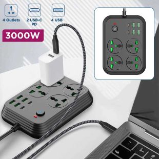 4-Way Universal Extension Board with Master Switch 4 USB Ports, 2 Type-C PD Ports 3000W Output