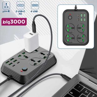 وصلة تمديد عالمية 4 مقباس مع مفتاح تشغيل رئيسي 4 منافذ USB، 2 منفذ PD من Type-C قوة 3000 واط