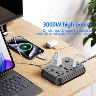 وصلة تمديد عالمية 4 مقباس مع مفتاح تشغيل رئيسي 4 منافذ USB، 2 منفذ PD من Type-C قوة 3000 واط