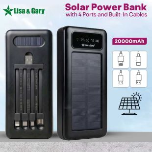 Lisa & Gary 20000mAh Solar Power Bank with 4 Ports and Built-In Cables