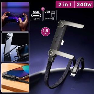2-in-1 Fast Charging Cable 1.5m with Foldable Phone Stand 240W