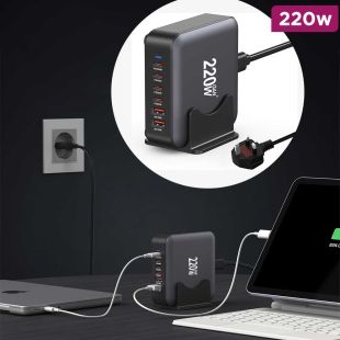 محطة شحن GaN III سريعة 220 واط مع 4 منافذ USB-C و 2 منفذ USB-A