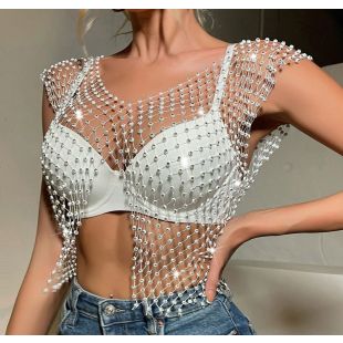 بلوزة شبكية بدون أكمام مرصعة بالألماس للسيدات