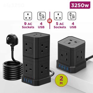 3250W Cube Power Extension 5 or 9 Way 2M with 4 USB Ports
