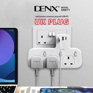 موسع منافذ كهرباء UK مع 3 مخارج ومنفذ PD و 2 منفذ USB من DENX
