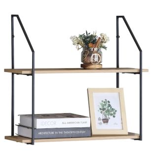 Double-Tier Wall Shelf in Wood and Metal Design 60 × 20 × 52 cm