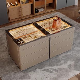 وحدة تنظيم مجوهرات بأدراج من خشب صلب وسطح زجاجي